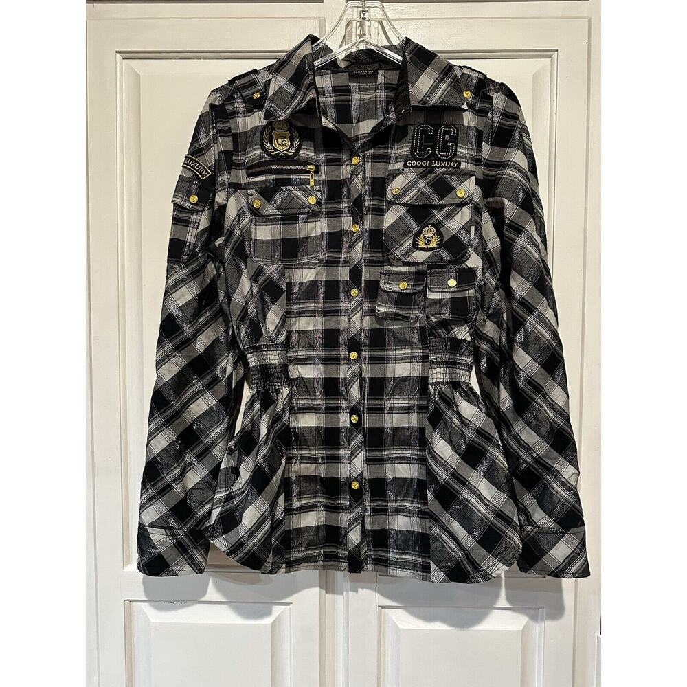 COOGI Women’s Black Embellished Button Shirt Gold Accents Size XL Smocked Waist